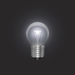 Transparent glowing electric light bulb with a silver base in Realistic style on bark background, Object for presentations, infographics, poster, web design or banner