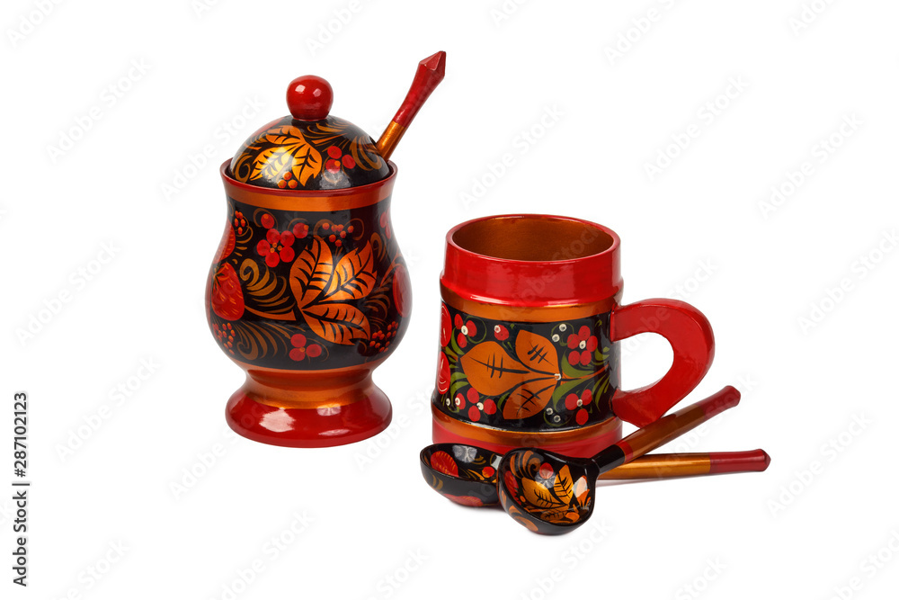 Wall mural russian painted sugar bowl cup and spoons