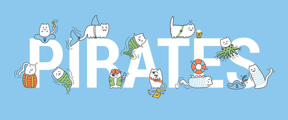 Kawaii pirate cats, super cute and fluffy, happy cartoon characters in pastel colors. Talk like a pirate day and halloween theme graphics for banners, cards, posters and games. The pirate Catventures