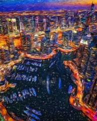 Oil painting on canvas modern city and scyscrapers fine contemporary print art. Mixed media digital drawing. View of Dubai city in OAE. Colorful big town scene for wall poster, postcard, stationary. 