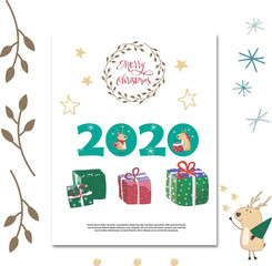 Hand drawn flat clip art greeting card happy new year. Happy 2020. Gifts, gift wrapping. Vector illustration. Scandinavian style. Invit, banner design