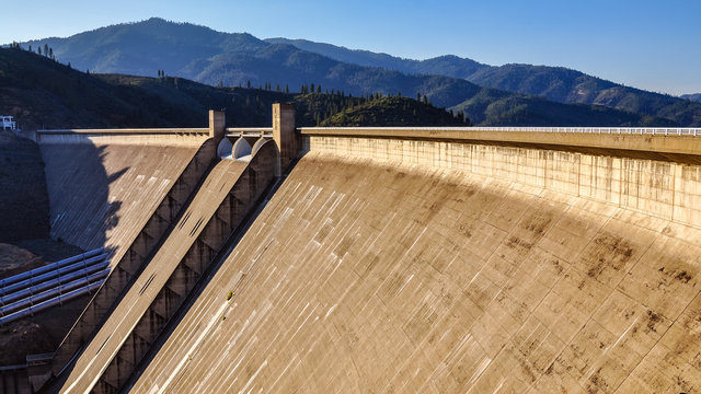 Shasta Dam, a concrete arch-gravity dam across the Sacramento River in Northern California.