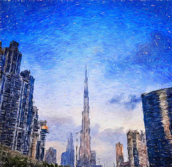 Fototapeta na wymiar Oil painting on canvas modern city and scyscrapers fine contemporary print art. Mixed media digital drawing. View of Dubai city in OAE. Colorful big town scene for wall poster, postcard, stationary. 