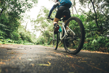 Naklejka premium Woman cyclist riding mountain bike on tropical rainforest trail