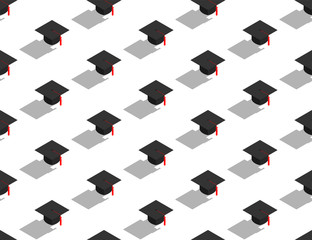 Graduate cap or mortarboard 3D isometric seamless pattern, Importance of education concept poster and banner design illustration isolated on white background, vector