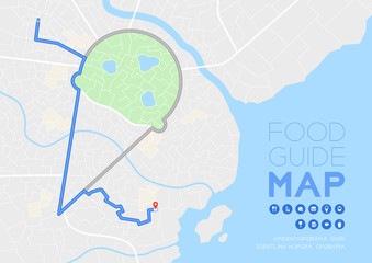 Food and dessert guide direction map travel with icon concept, Ice cream scoop cone shape poster and social banner post design in daytime mode illustration isolated on grey background, vector eps 10
