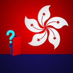 Man pictogram and question mark open the door on Hong Kong flag pattern, Protest extradition legal problem concept poster and social banner post design illustration on blue background