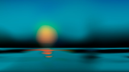 Blurred blue sundown on forest lake backdrop with light bokeh water surface. Dark nature blur background abstract art. Vector illustration in colors sunset.