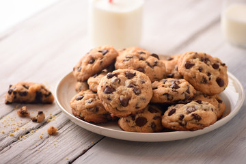 Pile of Chocolate Chip Cookies on a plate with a glass of milk