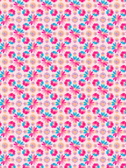 colorful decorative floral pattern in red, blue and pink for creative surface designs and prints, textiles, fabric, cards, wallpapers, backgrounds and backdrops