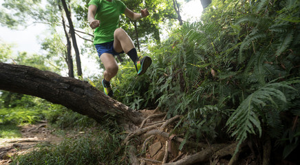 Ultramarathon runner cross country trail running in summer tropical rainforest