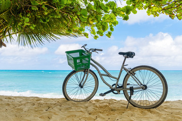Lonely old  bicycle with green becket on tropical beach of Denis island, Seychelles