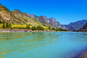 Naklejka na ściany i meble Landscape with mountains and river. Gorny Altai, Siberia, Russia