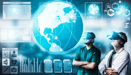 Medical Healthcare Research and Development Concept. Doctor in hospital lab with science health research icon show symbol of medical care technology innovation, medicine discovery and healthcare data.