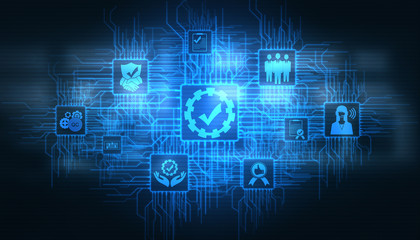 Quality Assurance and Quality Control Concept - Modern graphic interface showing certified standard...