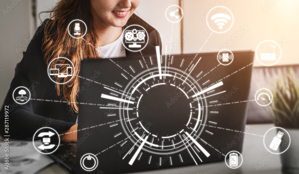Wall mural internet of things and communication technology concept - modern graphic interface showing smart inf