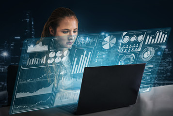 Big Data Technology for Business Finance Analytic Concept. Modern graphic interface shows massive...