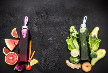 Natural smoothies drink in glass bottles on a black background . Vegan clean eating food concept. Top View
