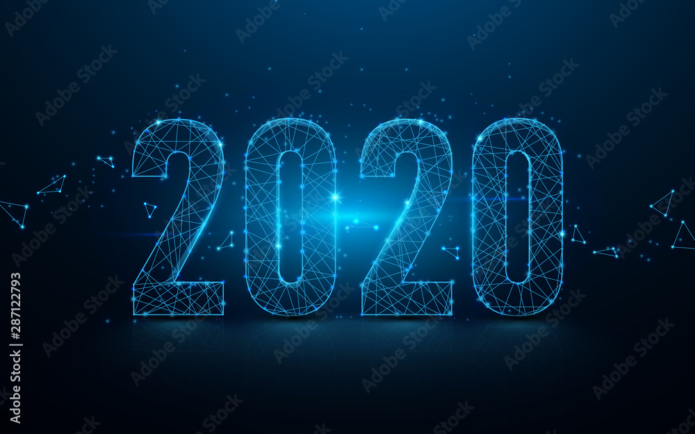 Poster Happy new year 2020 banner from lines, triangles and particle style design. Illustration vector