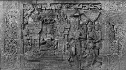 Carving on the wall of Borobudur Temple, a 9th-century Mahayana Buddhist temple, which is also the world's largest Buddhist temple