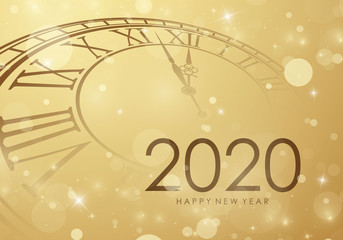 Happy new year 2020 greeting card shining background with clock vector illustration