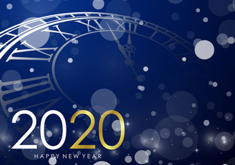 Happy new year 2020 greeting card shining background with clock vector illustration