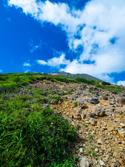 Fototapeta na wymiar 登山道から青空の中の那須茶臼岳を望む