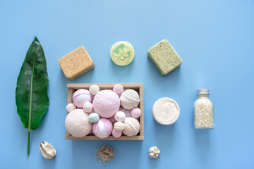 Spa composition with body care items on a colored background
