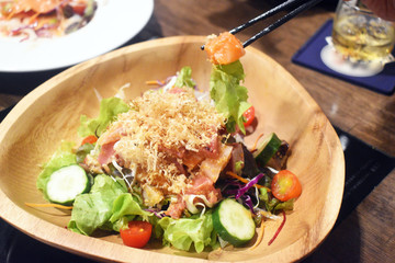 kaizen salad,sashimi salmon salad with vegetables delicious japanese food
