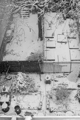 Black & White bird's eye view of an old chaotic looking backyard during a heavy snowstorm in Harlem, New York, USA
