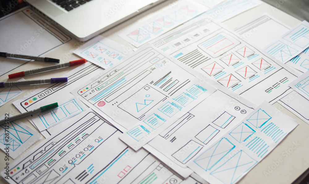 Poster Website designer Creative planning application developer development draft sketch drawing template layout prototype framework wireframe design studio . User experience concept .
