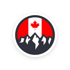 Canada symbol with mountains and Canadian flag with red maple leaf