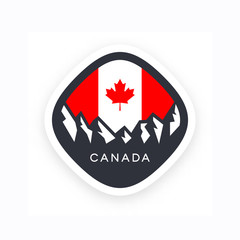 Canada symbol with mountains and Canadian flag with red maple leaf