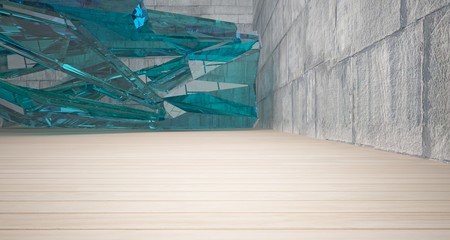 Abstract  concrete, glass and wood interior  with window. 3D illustration and rendering.