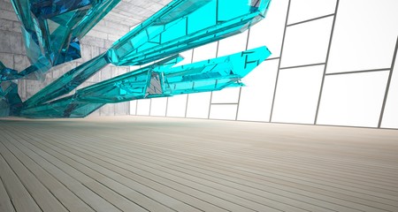 Fototapeta premium Abstract concrete, glass and wood interior with window. 3D illustration and rendering.