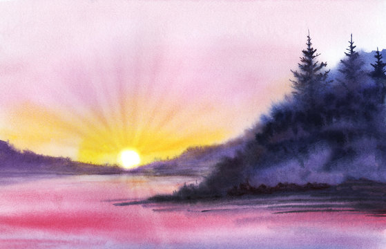Watercolor landscape Dark silhouette of misty fir trees against pink sky. Sunset sun with bright rays. Distant silhouette of mountains. Fairy forest. Early morning or evening. Hand-drawn illustration