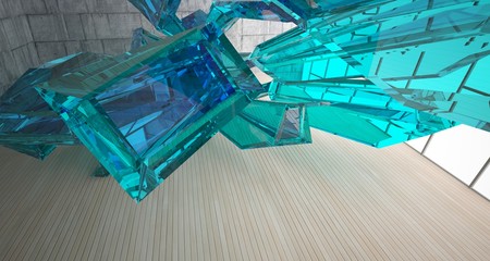 Abstract  concrete, glass and wood interior  with window. 3D illustration and rendering.