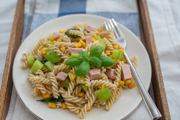 Healthy home made pasta salad with vegetables
