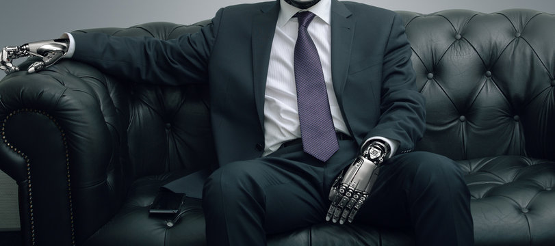 Robot businessman sitting on leather sofa, artificial intelligence conceptual design, mixed media