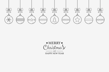 Christmas greeting card with hanging festive balls and wishes. Xmas decorations. Vector