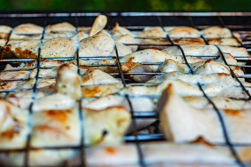 Half-finished pieces of chicken on a grill