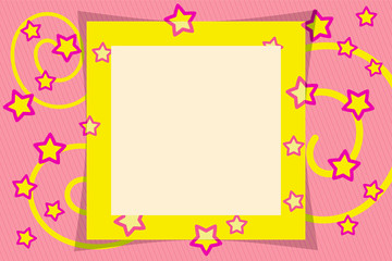 Pink vector photo frame on a pink background with stars and spirals. Nice and pretty. Suitable for children and adults.