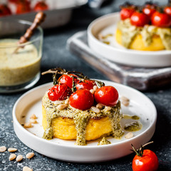 Fried Polenta with Pesto and Tomato