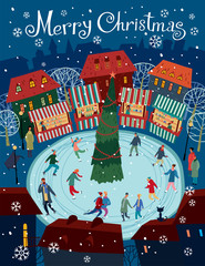 Greeting card Merry Christmas. People ride an ice rink around the Christmas tree at the Christmas market. Vector full color graphics - obrazy, fototapety, plakaty