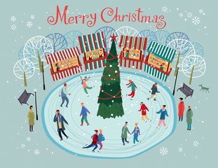 Greeting card Merry Christmas. People skate around the Christmas tree at the Christmas market. Vector full color graphics