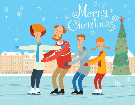Greeting card Merry Christmas. Mom, Dad, son and daughter ride on the rink. Vector full color graphics