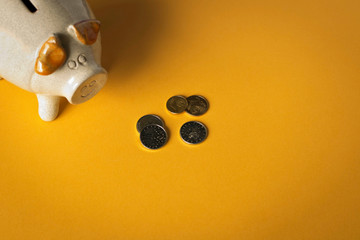 Piggy Bank and a few coins on the yellow background. Close up. The concept of saving money. Selective focus.