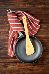 Empty pan on a wooden table. Concept: cooking, kitchen