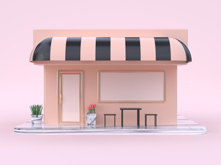 pink cream building store cartoon style 3d rendering