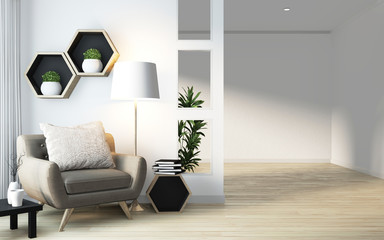 Idea of Hexagon shelf wooden design on wall and arm chair japanese style.3D rendering
